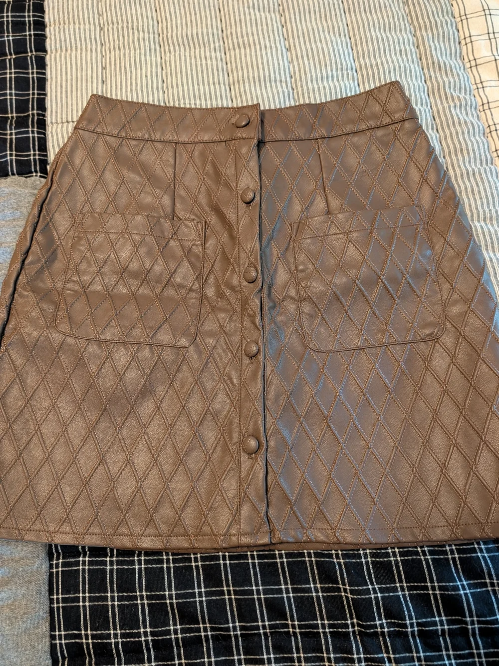 Quilted Faux Leather Mini Skirt in Dark Brown